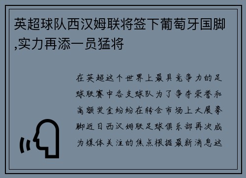 英超球队西汉姆联将签下葡萄牙国脚,实力再添一员猛将