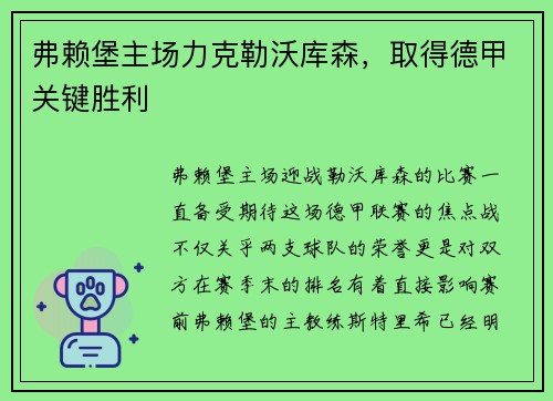 弗赖堡主场力克勒沃库森，取得德甲关键胜利